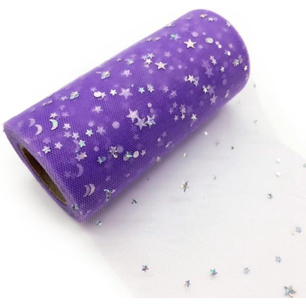 1 rollo de tela de tul de poliéster brillante, carrete de cinta de malla con lentejuelas plateadas de estrella y sol.