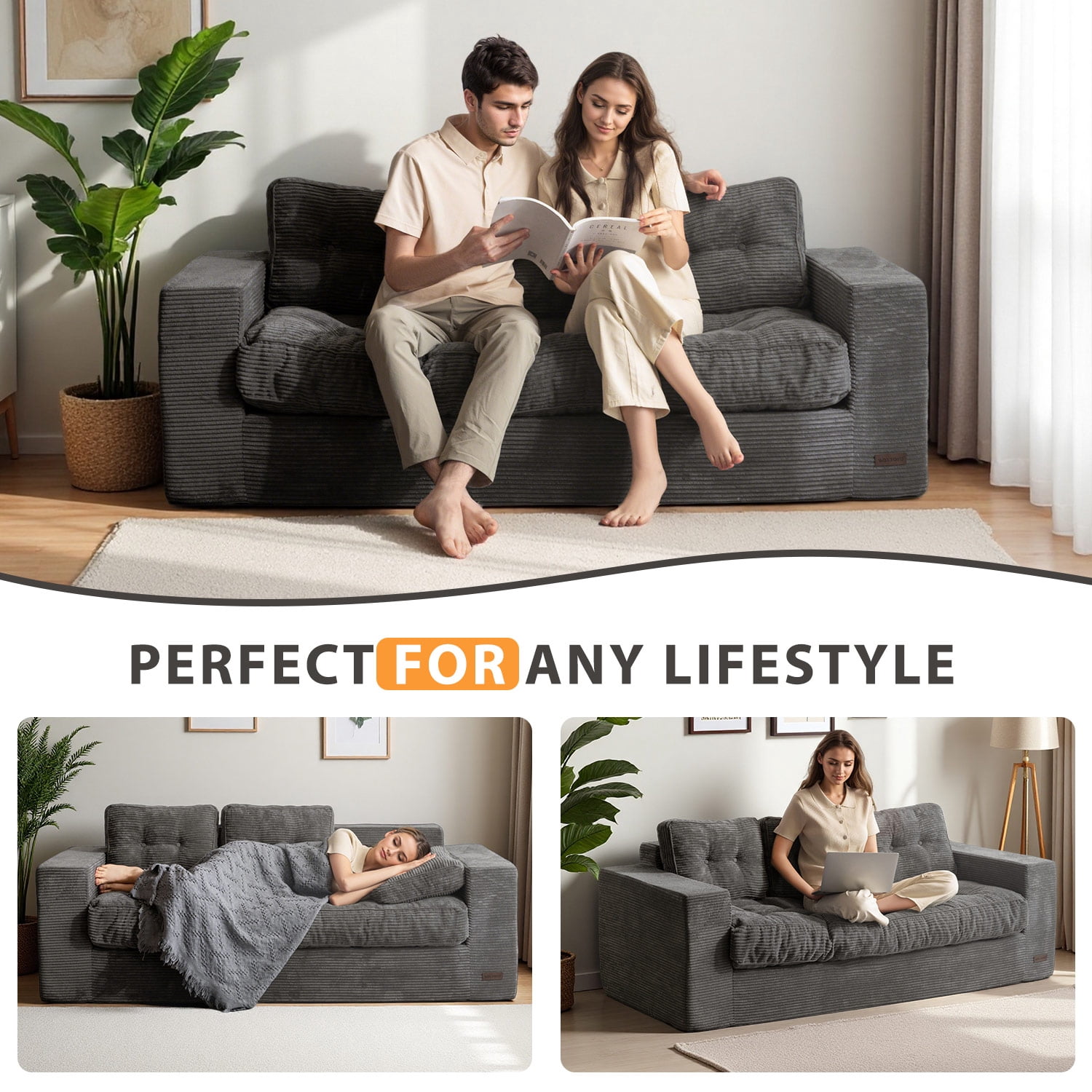 BYBYME 3 Seater Couch with Tufted Cushion & Backrest,Corduroy Floor Sofa with Armrests for Living Room Bedroom Office,Sofa in A Box,No Assembly Required,Dark Grey