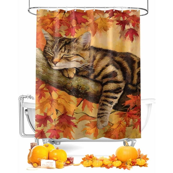 Cat Sleeping on A Branch Shower Curtain Set ，Waterproof Fabric Shower Curtains Thanksgiving Fall Orange Maple Leaf Shower Curtains for Bathroom,Bathroom Decor 48"x72"