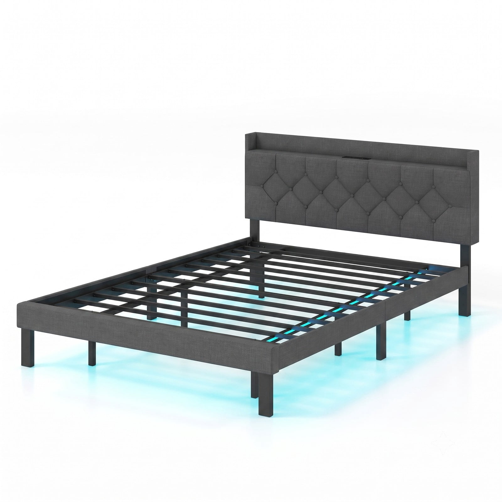 Furnibear Queen Bed Frame with Storage, Upholstered Floating Platform Bed with LED Lights, Storage Headboard and Charging Station, Gray