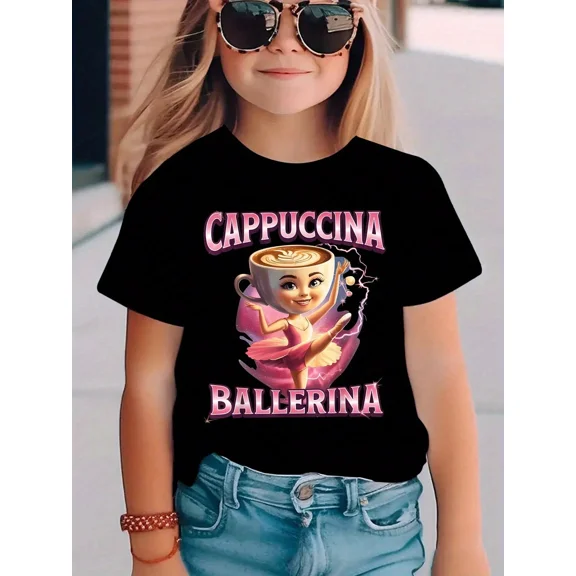 children's wear Girls Cappuccina Ballerina Graphic T-Shirt Short Sleeve Crew Neck Top