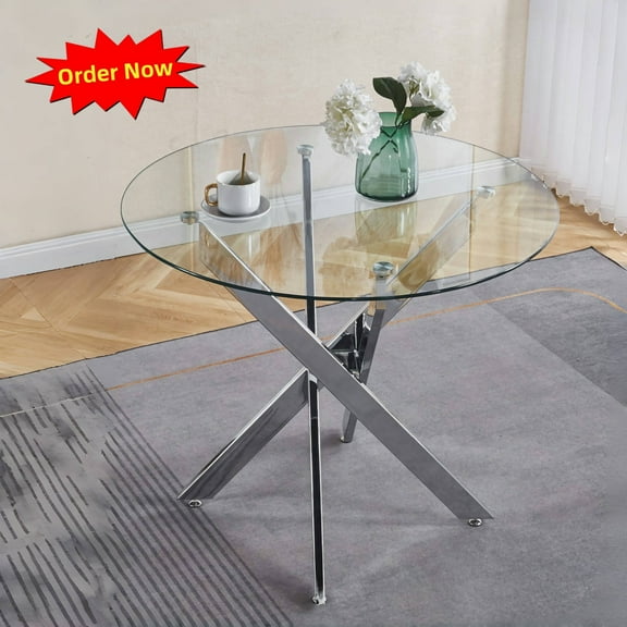 Tcbosik Round Dining Table for 2, 35.4 inch Small Kitchen Table with Tempered Glass Top and Metal Legs for Home, Apartment, Easy Assembly, Chrome