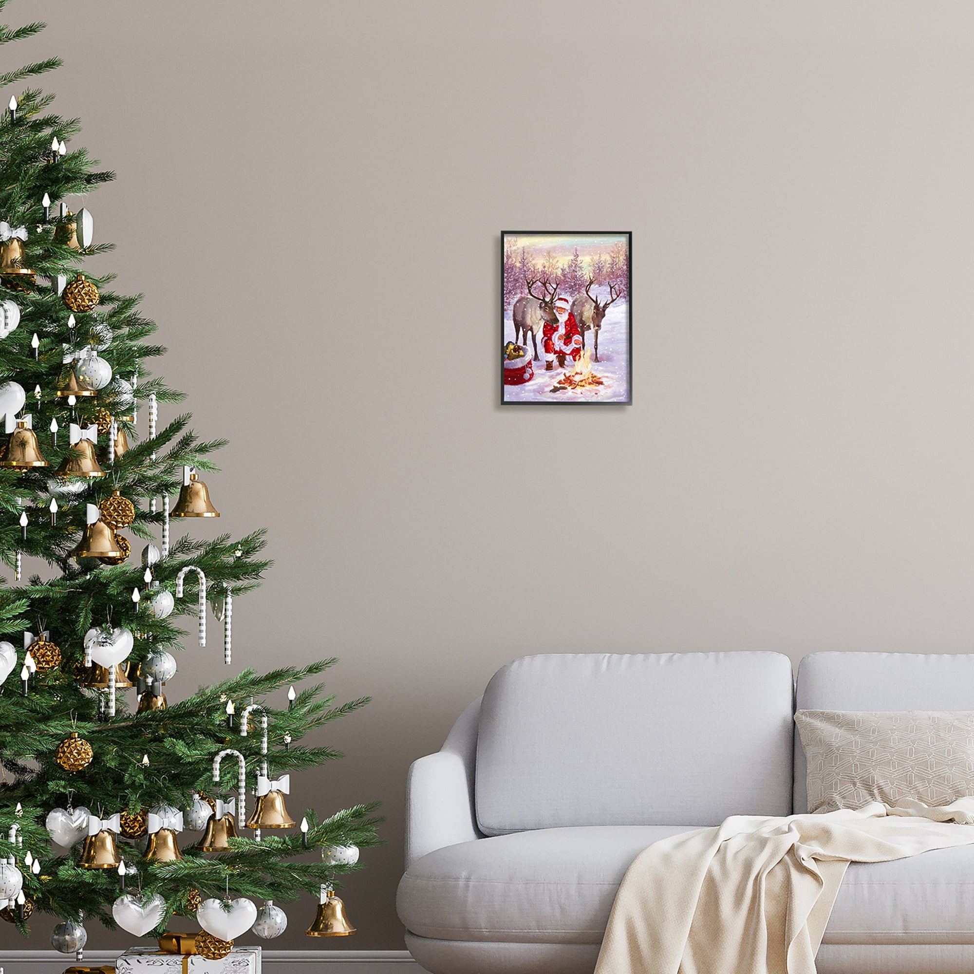 Stupell Industries Santa & Reindeer Bonfire Scene Holiday Painting Gray Framed Art Print Wall Art