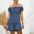 thumbnail image 4 of Fesfesfes Women Mini Dress Casual Off Shoulder Short Sleeve Dress Sun Dress Ruffle Patchwork Party Dress, 4 of 5