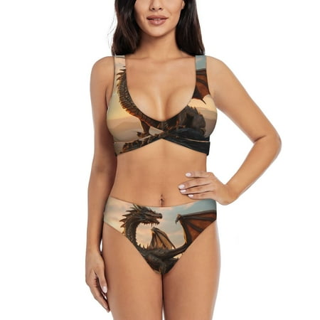 Zeuib Sky Sunset Bronze Dragon High Waisted Tummy Control Bikini Set - Knot Front Push Up Top & Cheeky Thong Bottom  Two-Piece Swimsuit for Women-Medium