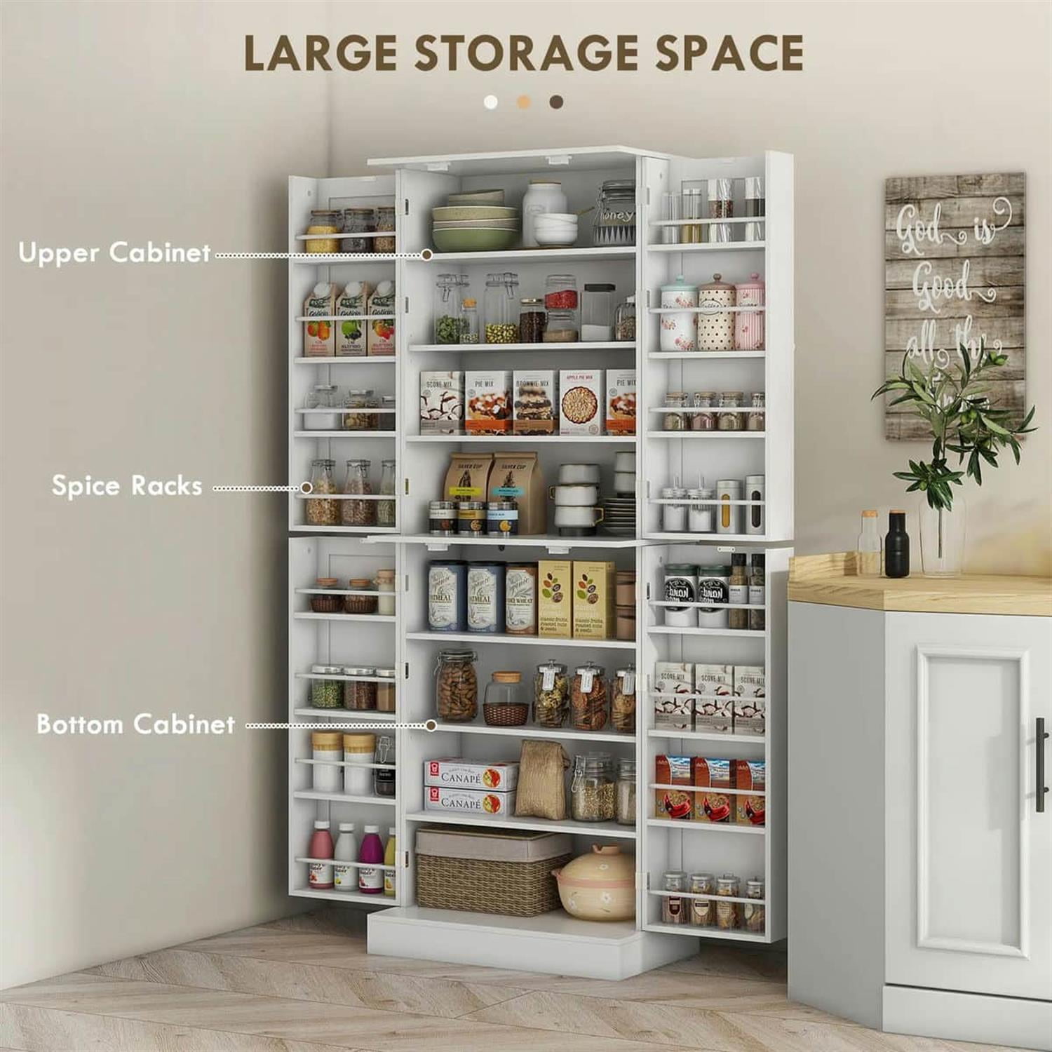 Demi Bonn 65" Kitchen Pantry Cabinet, 4-Door Storage with 16 Shelves for Dining Room, Space-Saving Kitchen Organization, White