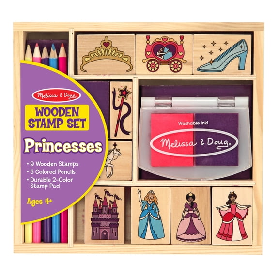 Melissa & Doug Wooden Princess Stamp Set: 9 Stamps, 5 Colored Pencils, and 2-Color Stamp Pad