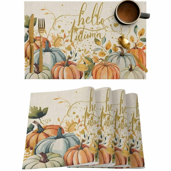Fall Pumpkin Vines Thanksgiving Harvest Placemats Set of 4,Wipeable Washable Table Mats for Dining Tables,Gradient Leaves Retro Linen Place Mats for Kitchen Event Party Tabletop Decor