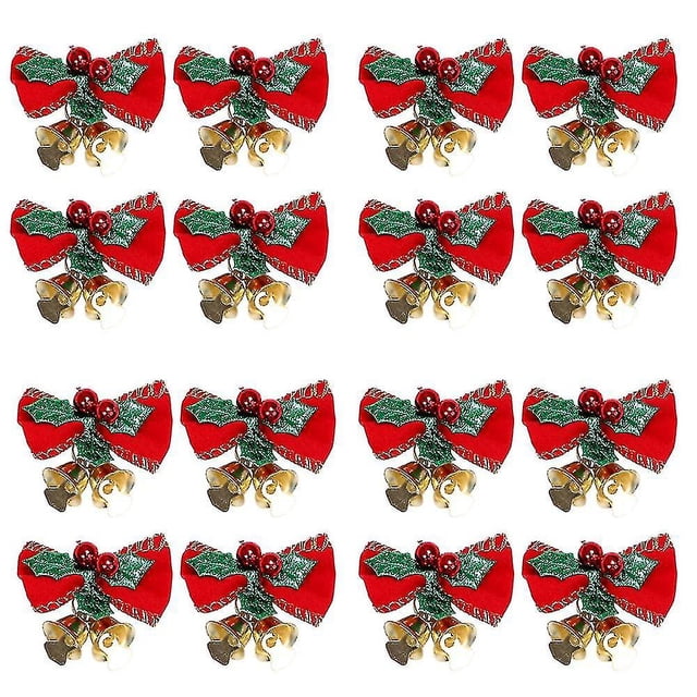 Paquete de 16 lazos de Navidad con campanas, Mini lazo de Navidad, manualidad para regalo, adorno, decoración colgante para árbol de Navidad