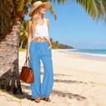 thumbnail image 6 of TaTaai Women All Season Striped Patchwork Wide Leg Pants Cotton Linen Casual Elastic Waist Loose Straight Trousers with Pockets Comfortable Daily Work Wear Gift, 6 of 9