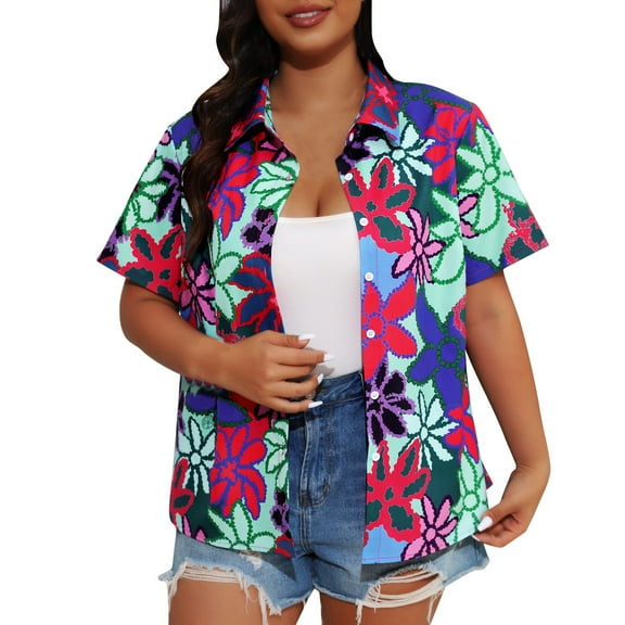 CaiJunJia Womens Plus Size Hawaiian Tropical Shirt Short Sleeve Casual Button Down Floral Summer Beach Shirts