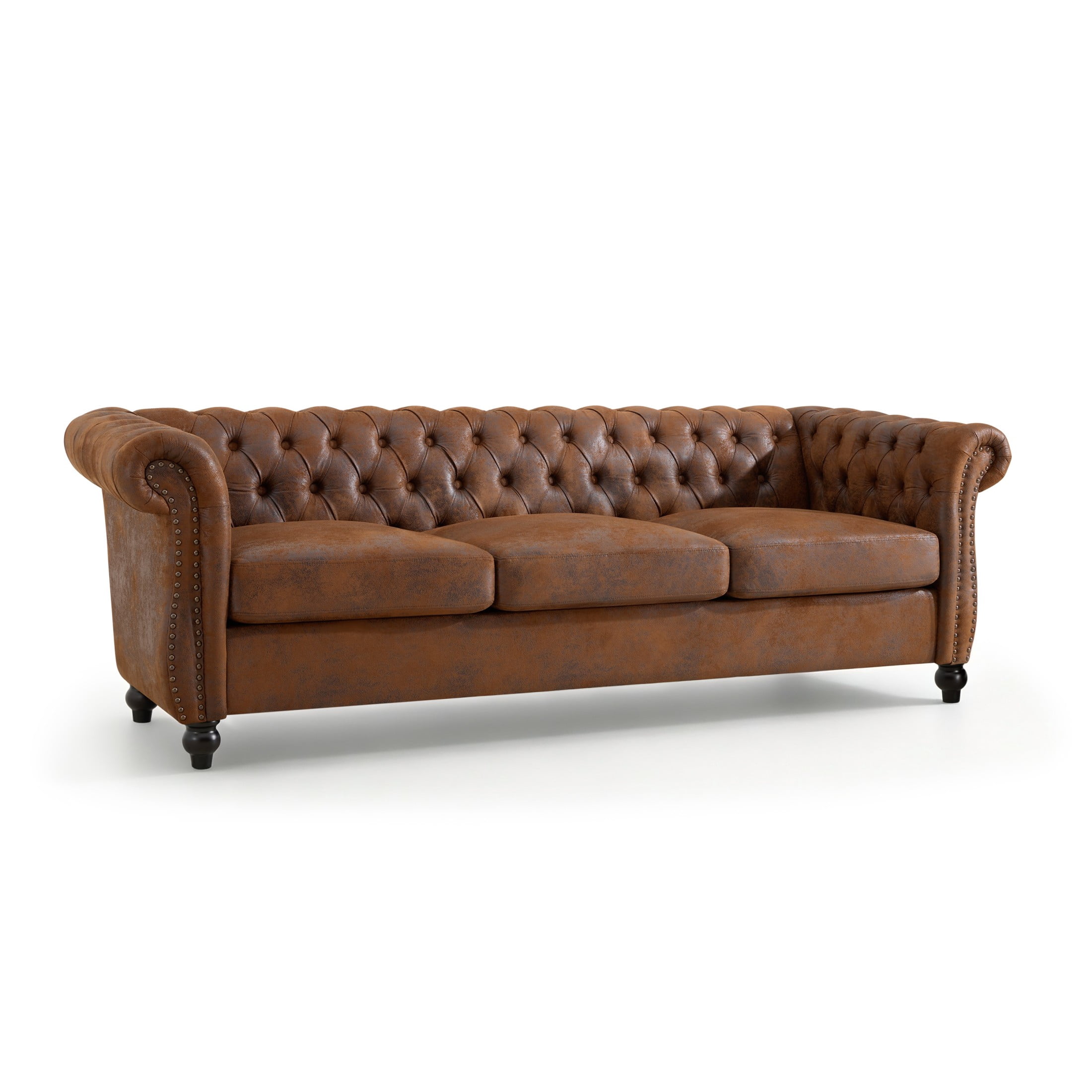 Christopher Knight Home Chesterfield 3-Seater Sofa, Tufted Faux Suede Couch with Rolled Arms, Brown