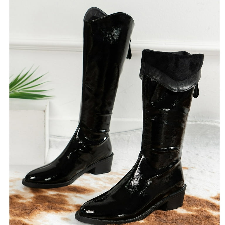 KIJBLAE Women s Knee High Boots Pointed Toe Zipper Back Chunky Boots Faux Leather Booties Fall Winter Shoes Navy 39
