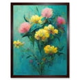 thumbnail image 1 of Pink And Yellow Flower Bouquet In Teal Oil Painting Art Print Framed Poster Wall Decor 12x16 inch, 1 of 5