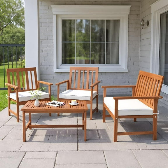 Topcobe 4 Pieces Acacia Wood Furniture Set with Seat Cushions and Robust Wood Frame, Outdoor Patio Furniture for Garden Backyard Pool Deck-White