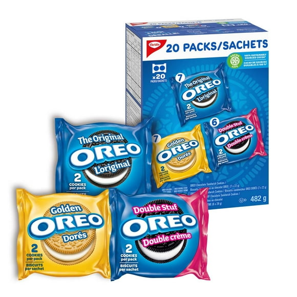 OREO Original Chocolate & Double Stuf & Golden Vanilla Sandwich Cookies, Snack Packs, School Snacks, 20 Packs, OREO VAR 20PK