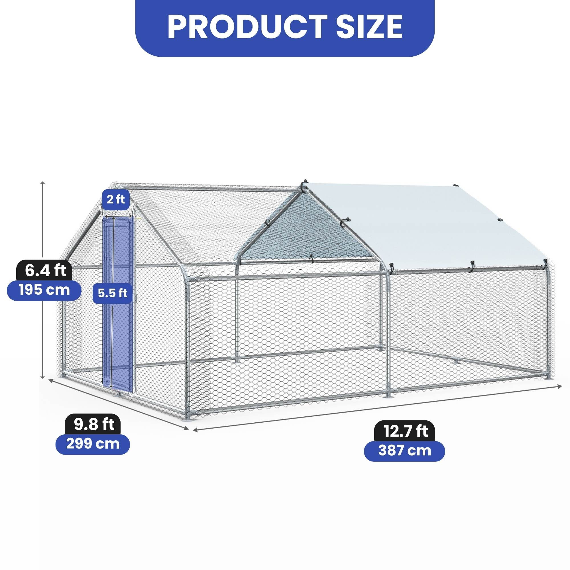 Uforic Chicken Run Coop 12.7 x 9.8 x 6.4 FT Large Metal Chicken Coop, Walk-in Hen Cage, Outdoor Poultry Cage with Waterproof Cover and Wire Mesh for Backyard,Outdoor Farm Use