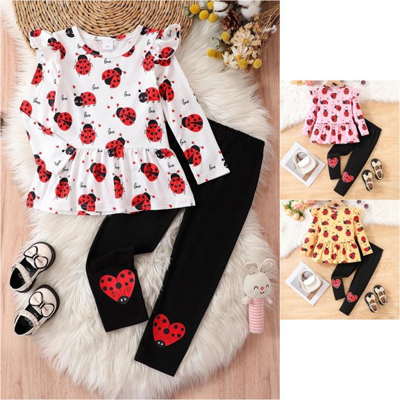 Trendfront Girls Ladybug Print Outfit Set Crew Neck Long Sleeve Top Summer 2 Piece Casual Fashion Flutter Sleeve Pants Set for Girls Trendy Clothing Clothes Set