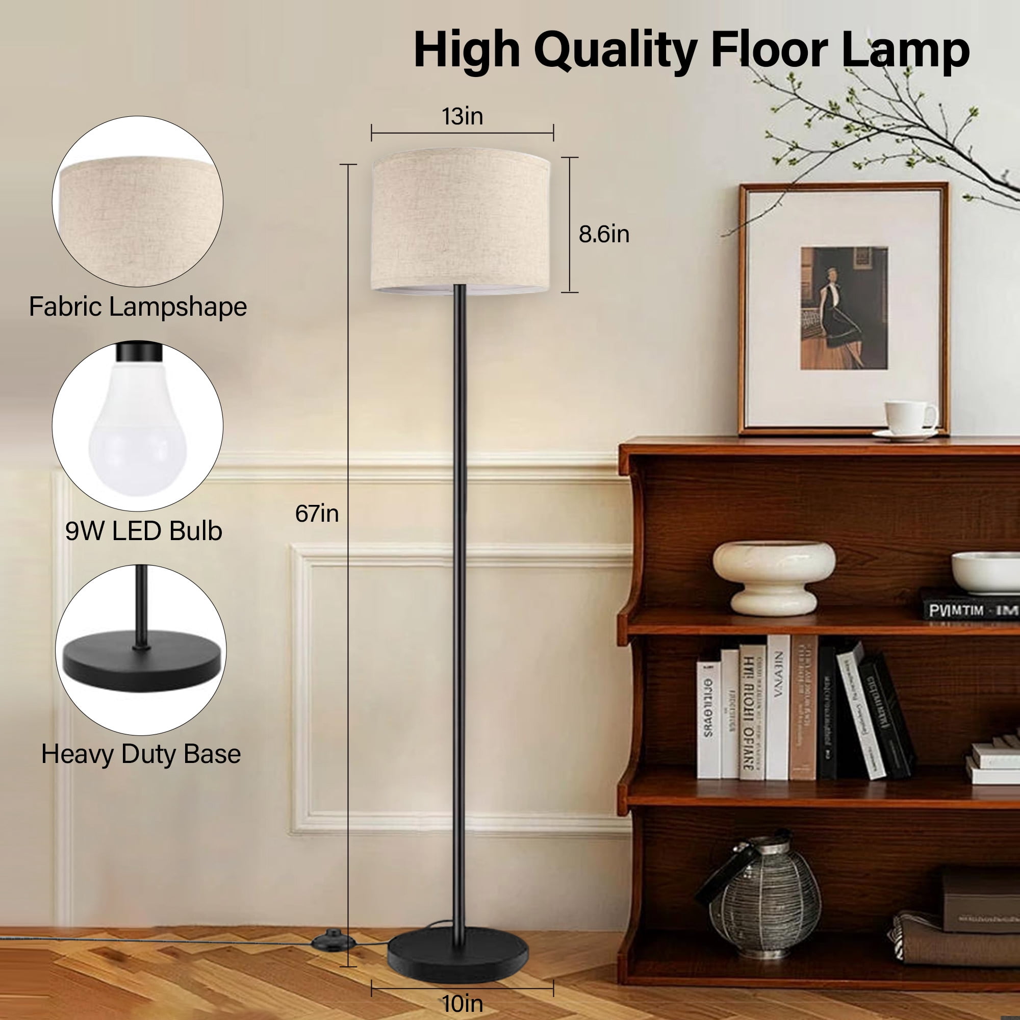 Floor Lamp for Living Room, Tall Standing Lamp with 3 Color Temperatures, Foot Switch, Modern Metal Pole with Line Shade for Bedroom, Office