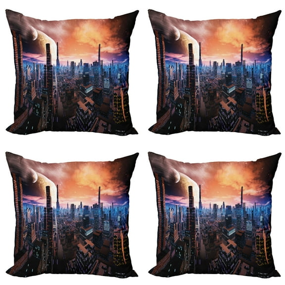 Ambesonne City Throw Pillow Cover 4 Pack, Futuristic Distant World, 18", Orange Blue Cinnamon
