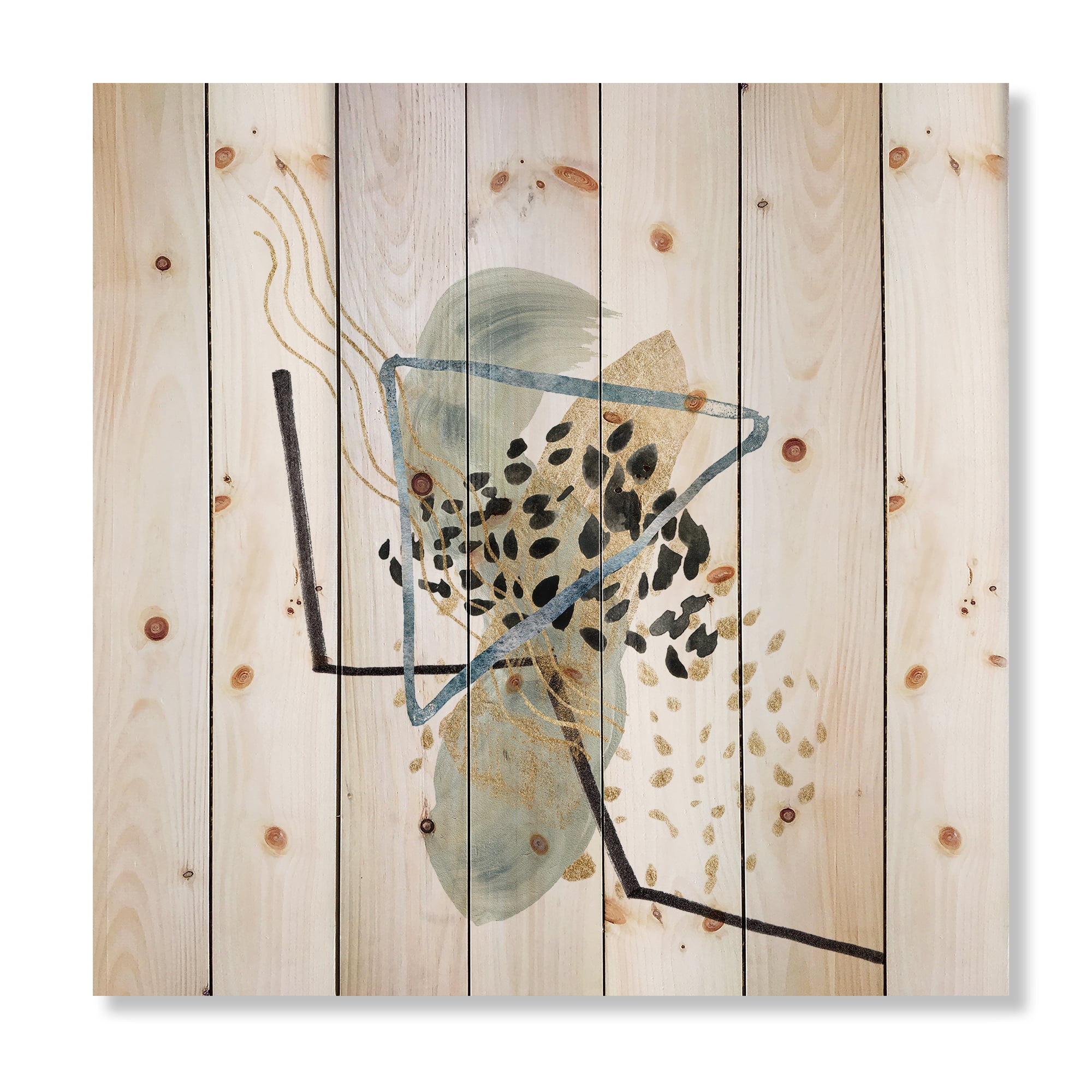 Designart 'Minimalistic Golden Polka Dots and Ink Mountains' Modern Print on Natural Pine Wood