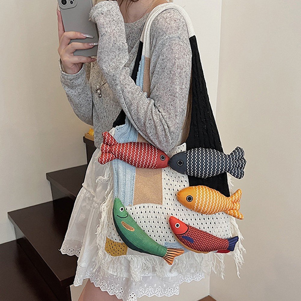 Jiibva Crochet Beach Shoulder Bag for Women Summer Tote handbags Shoulder Boho Bag with Handmade Fish for Summer Vacation