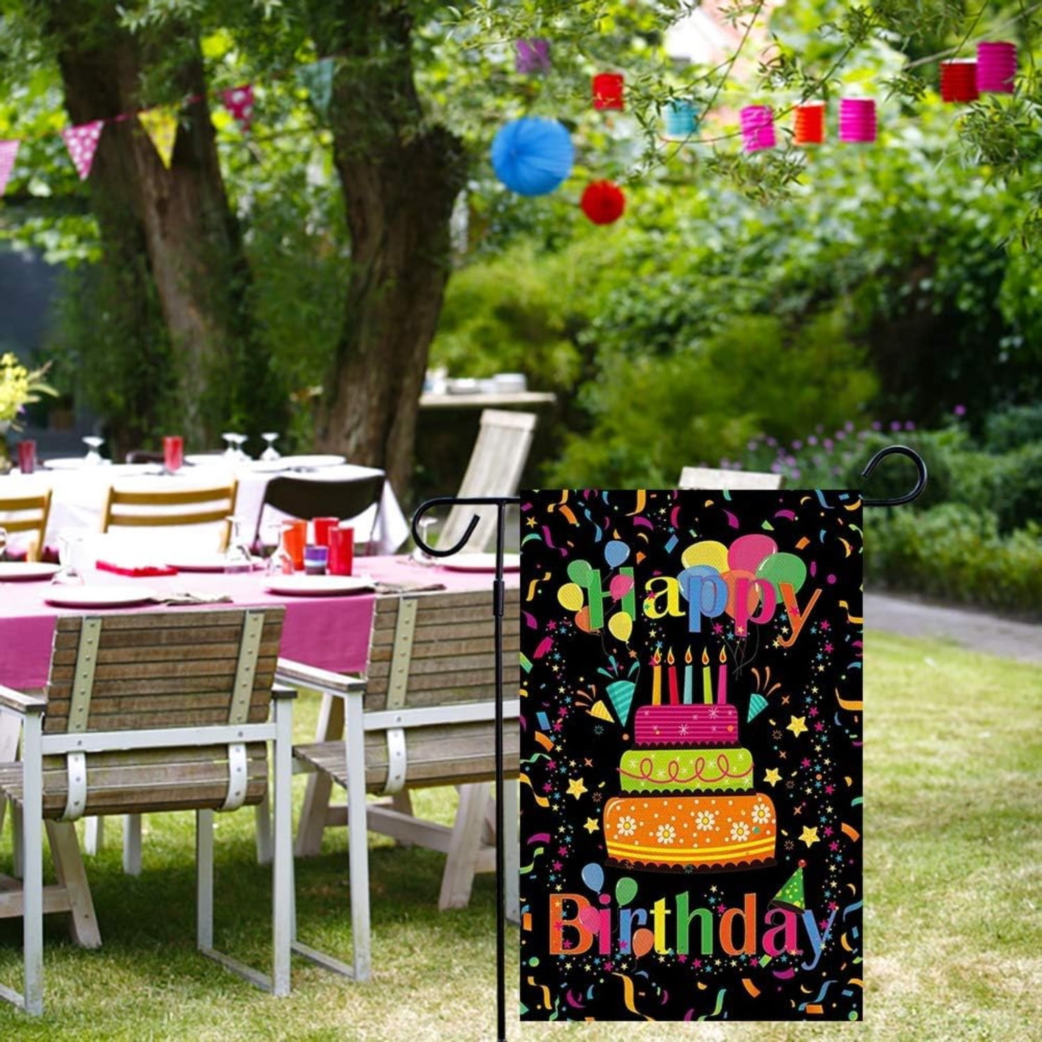 Happy Birthday Garden Flag Banner Big Cake Colorful Balloon Yard Flag Burlap Vertical Double-Sided Party Welcome Farmhouse Outdoor Outside Home House Decoration