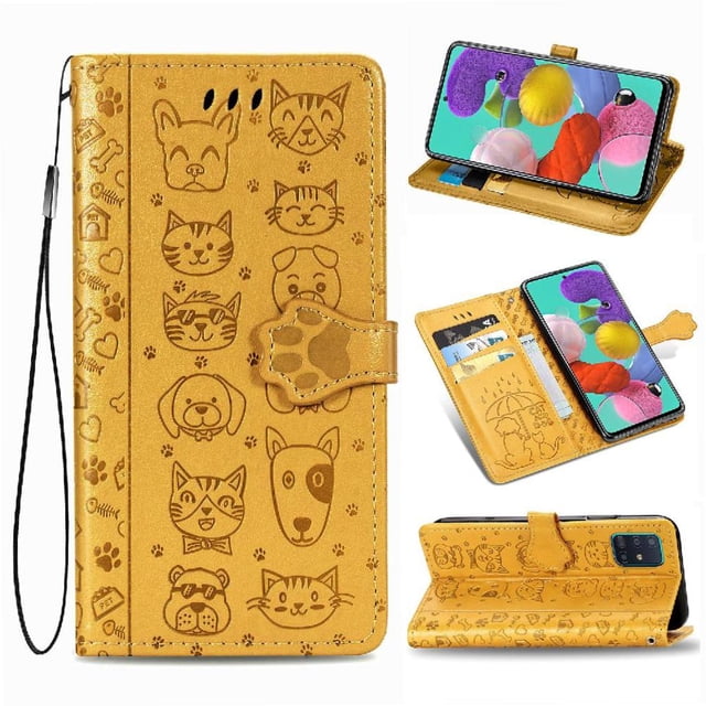 Funda Cartera FOXDOCK para Samsung Galaxy A71 5G , Flip PU con Relieve de Gatos y Perros, Tarjetero y Soporte