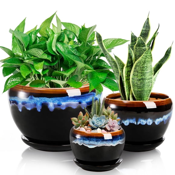 AVLA Lot de 3 Pots de Fleurs en Céramique, Jardinière de Jardinage à Glaçure Goutte à Goutte, Pot de Plante avec Trou de Drainage et Soucoupe, 7/5/4 Po Rustique pour la Maison
