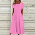 thumbnail image 2 of Womens Crew Neck Long Sleeve Women's Summer Casual Fashion Solid Color Short Sleeve Round Neck Pocket Dress Hot Pink, 2 of 4