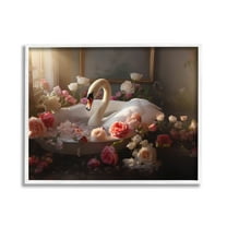 Stupell Industries Swan & Bathroom Roses Animals & Insects Painting White Framed Art Print Wall Art, 30 x 24