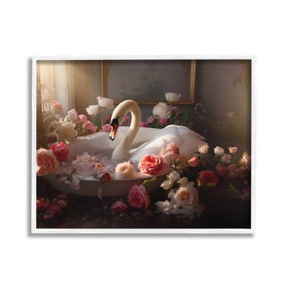 Stupell Industries Swan & Bathroom Roses Animals & Insects Painting White Framed Art Print Wall Art, 30 x 24