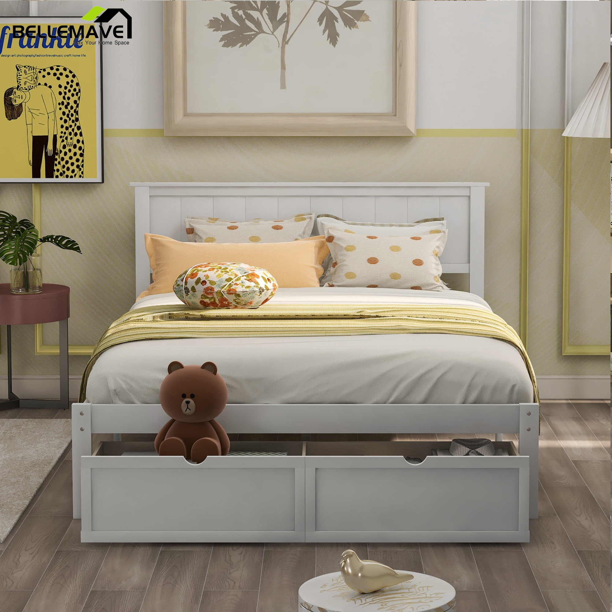 Bellemave Full Size Bed Frame with Storage Drawers, Full Wood Platform Bed with Headboard for Kids, Teens & Adults (White)