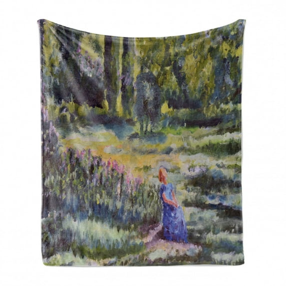 Fine Art Soft Flannel Fleece Throw Blanket, Illustration of a Painting of a Nature Landscape Scene with a Woman in Woods, Cozy Plush for Indoor and Outdoor Use, 70" x 90", Multicolor, by Ambesonne