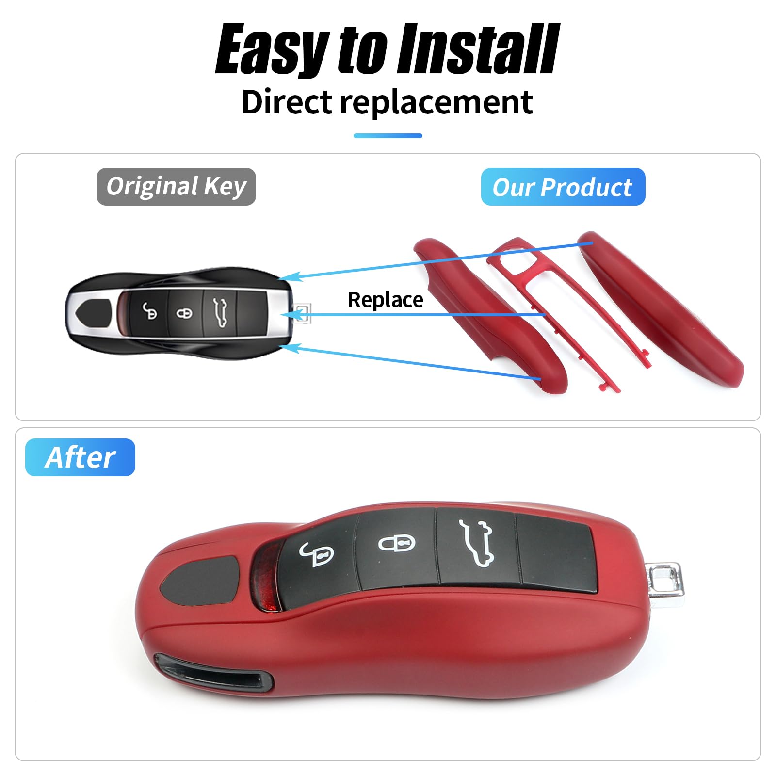 replacement key fob shell for porsche - durable protective cover compatible with cayenne, panamera, 911, 718, macan, boxster, cayman models - premium key shell case
