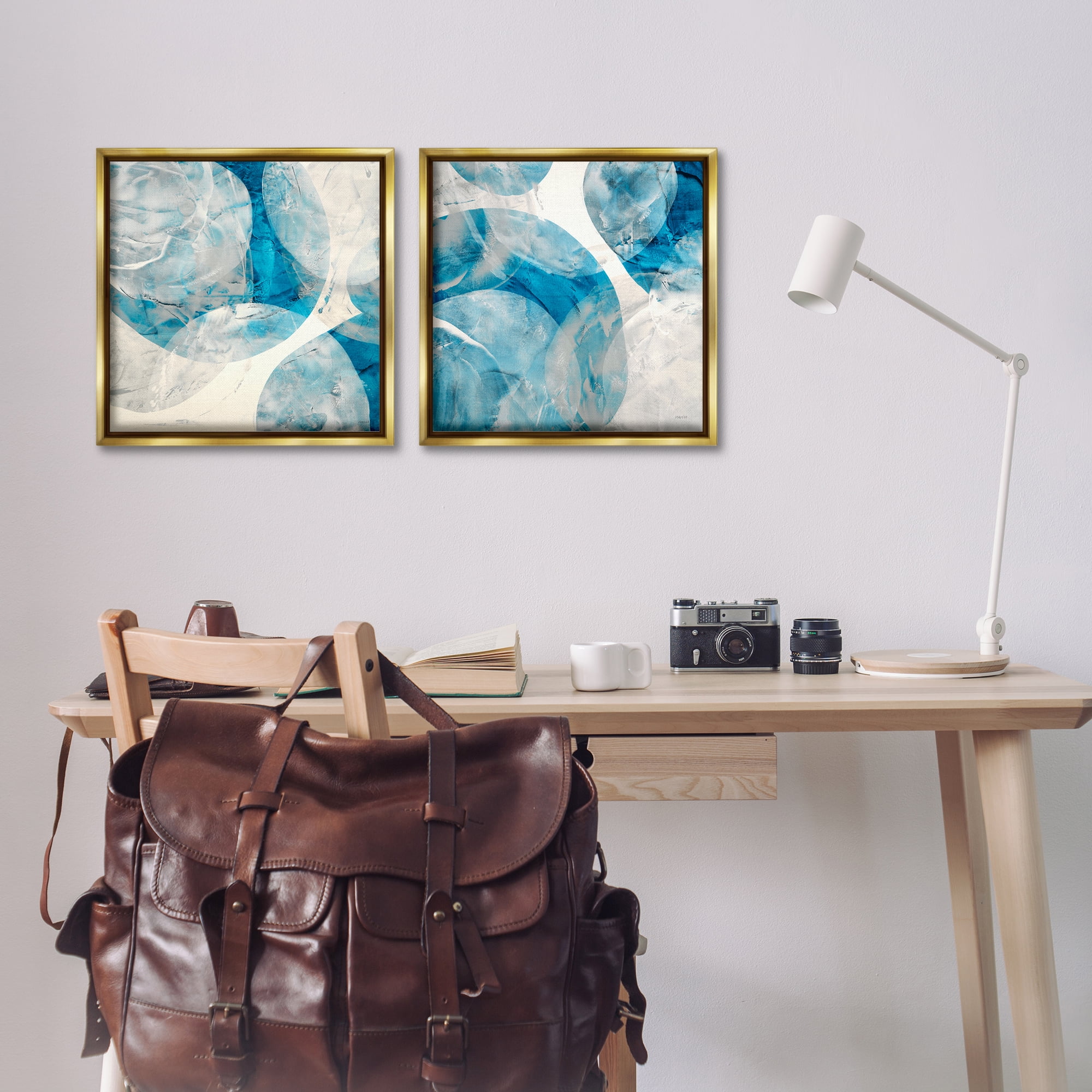 Stupell Industries Abstract Teal Cream Circles Abstract Painting Gold Floater Framed Canvas Art Print Wall Art, 18 x 18, Set of 2