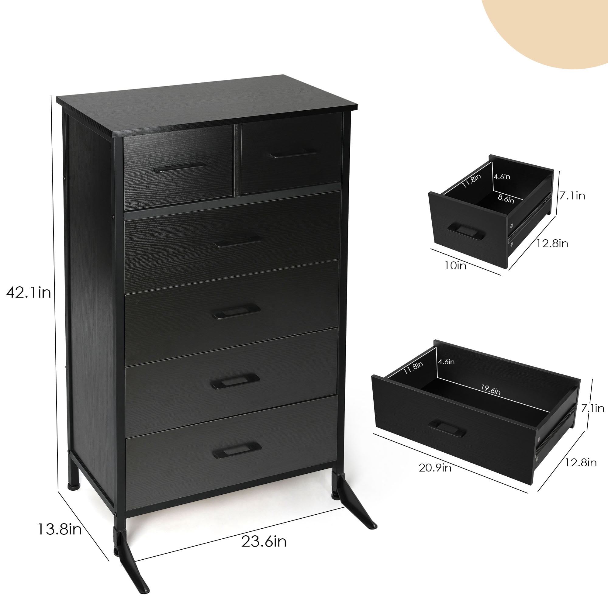 Slevoo 6 Drawer Dresser for Bedroom, Storage Cabinet Wooden Dresser, Steel Wood Frame, 42.1''H Black
