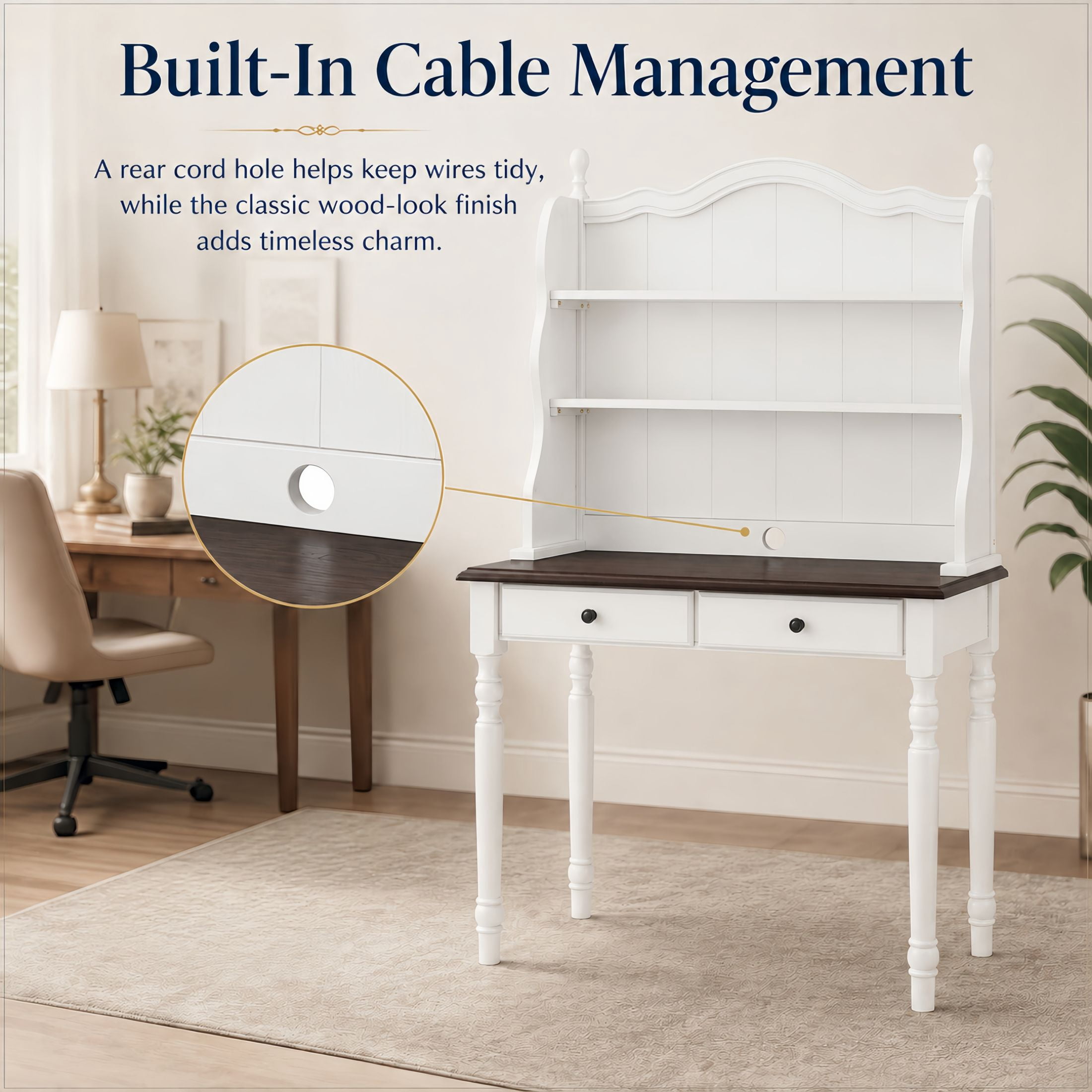 GDF Studio Harper Mid-Century Computer Desk with Storage Hutch & Drawers, Vintage Vanity Desk for Home Office, White