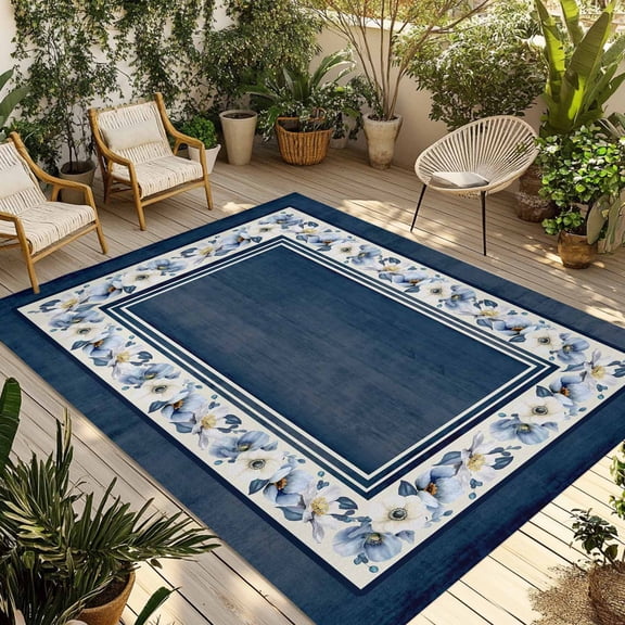 Navy Blue Spring Floral Outdoor Rug 3x5 ft Vintage Summer Botanical Classic Non Slip Patio Rug Washable Absorbent Large Outdoor Carpet Outside Mat for Porch RV Garden Camping