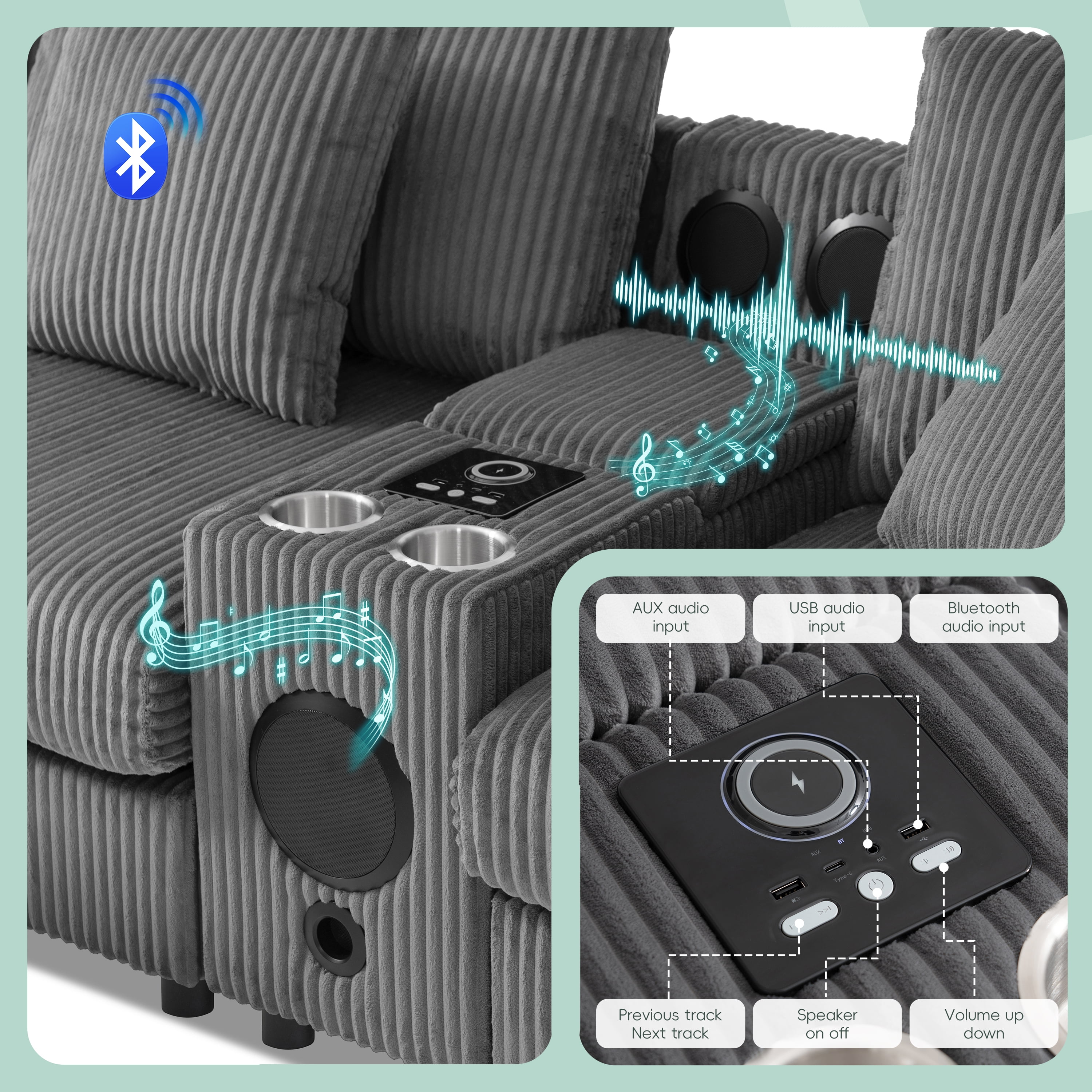 Sectional Sofa, Modular Sofa, L-Shape Couch, Corduroy Sofa with Console, Integrated Audio and Movable Ottoman, Dark Gray
