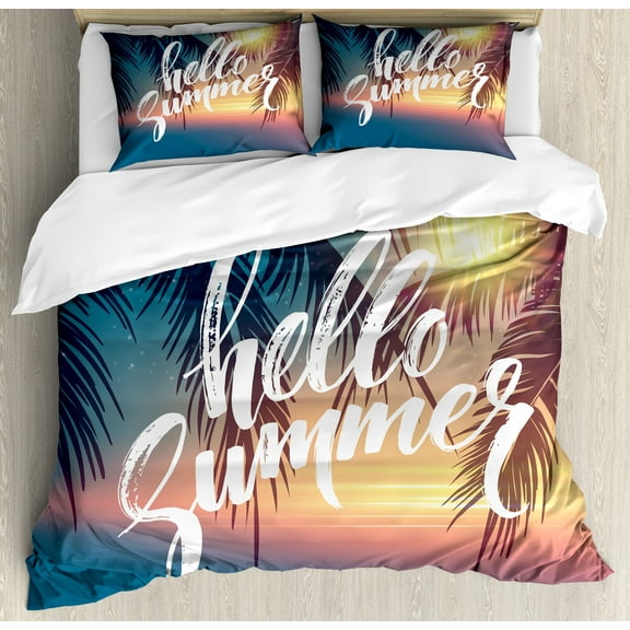 Palm Tree Duvet Cover Set, Hello Summer Design a Tropic Paradise Beach and the Sunshine Pattern Print, Decorative 3 Piece Bedding Set with 2 Pillow Shams, King Size, Blue and Orange, by Ambesonne