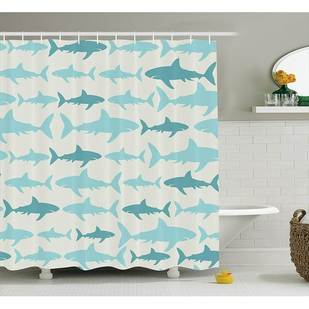 Fish Shower Curtain Blue Decor by , Sharks Pattern Sea Animals Theme