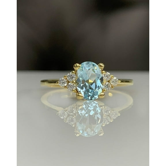 Women's Solitaire With Accent Wedding Ring 14k Yellow Gold Plated Oval Cut Aquamarine