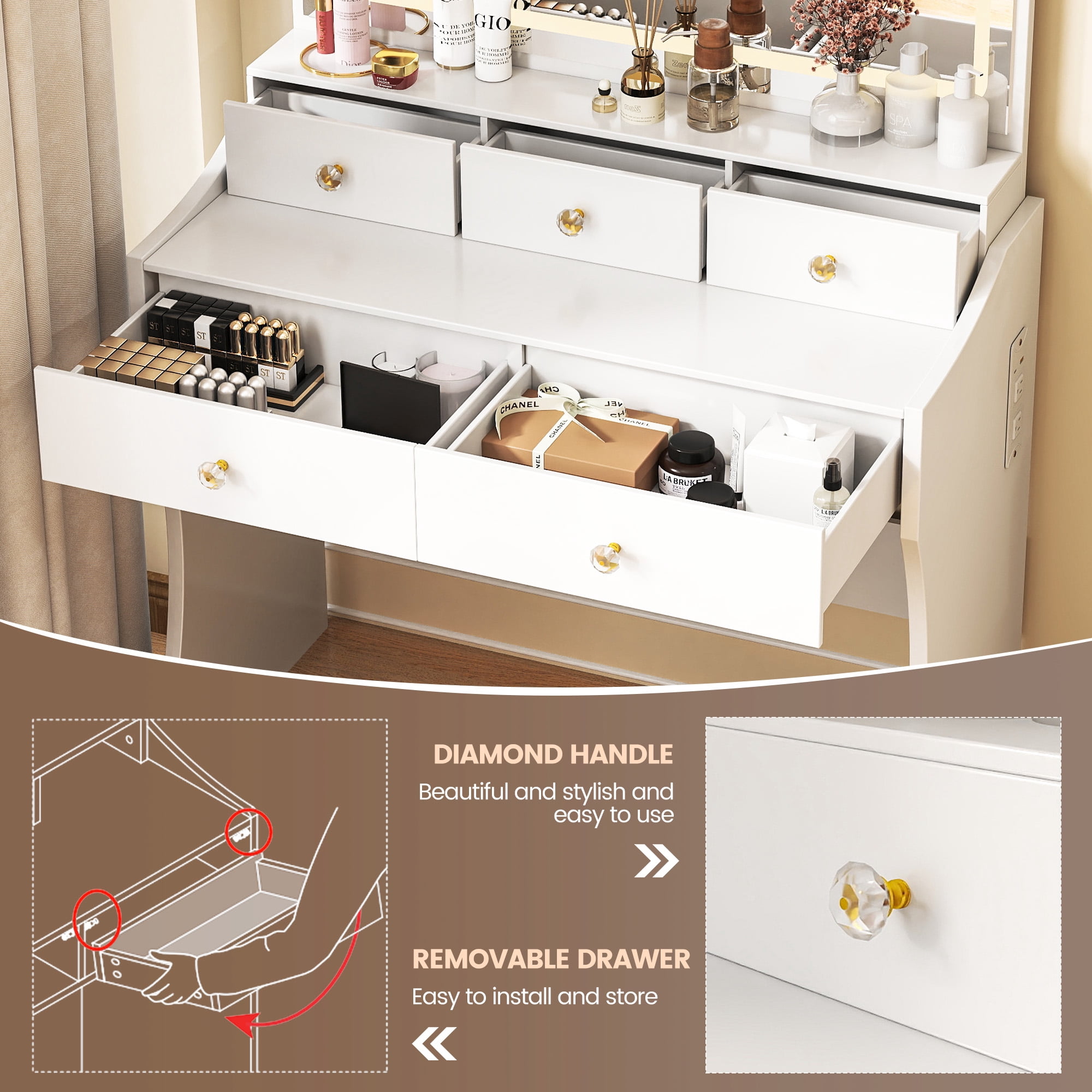 LUCKLIFE White  Vanity Desk with Mirror and Lights, 5 Drawers & Charging Station, Vanity Table and Chair Set