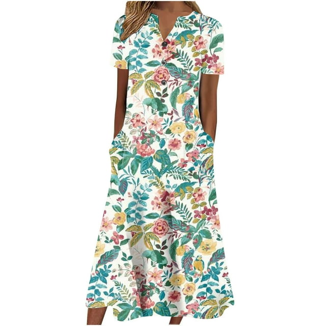 Cameland Robe d'Été pour Femme Décontractée à Col en V avec Boutons, Manches Courtes, Imprimée, Coupe Évasée, avec Poche