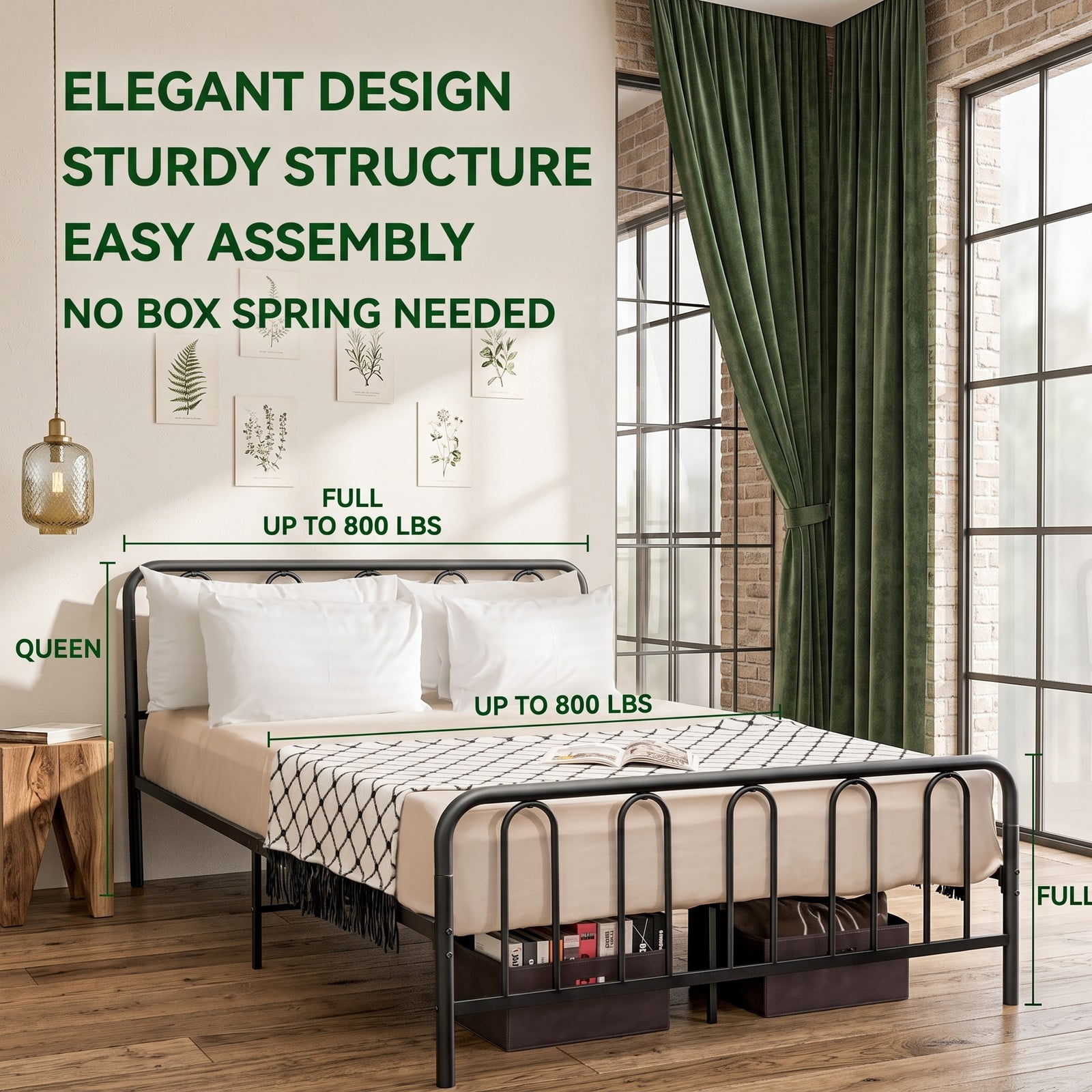 Furnibear Queen Bed Frame with Headboard, Metal Platform Bed Frame with Arched Headboard, Footboard and Under Bed Storage, Black