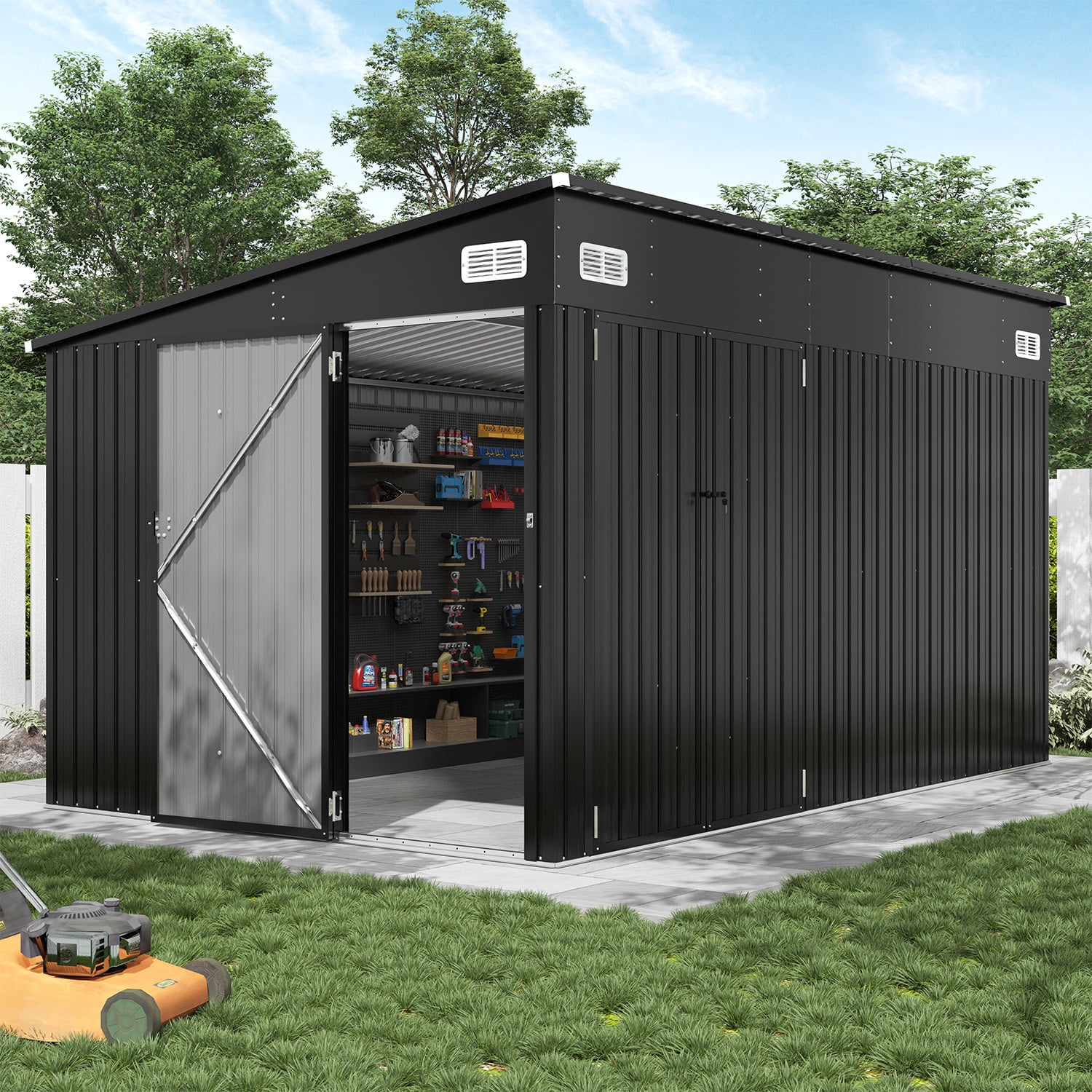 BaPiPro 12'x8' Lean-to Metal Storage Shed, Outdoor Lockable Shed with Triple Doors & Vents for Garden, Backyard, Patio - Black