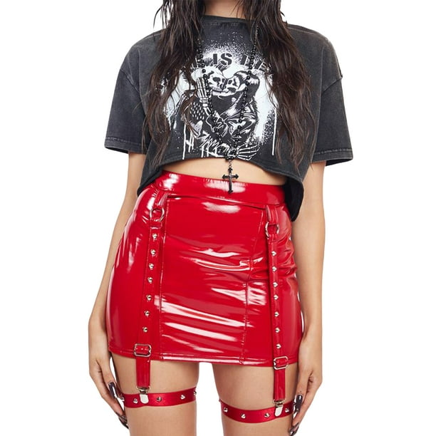 Womens Patent Leather Bodycon Mini Skirt Punk Rock High Waist Pencil Skirt  With Garter Belts - Walmart.com