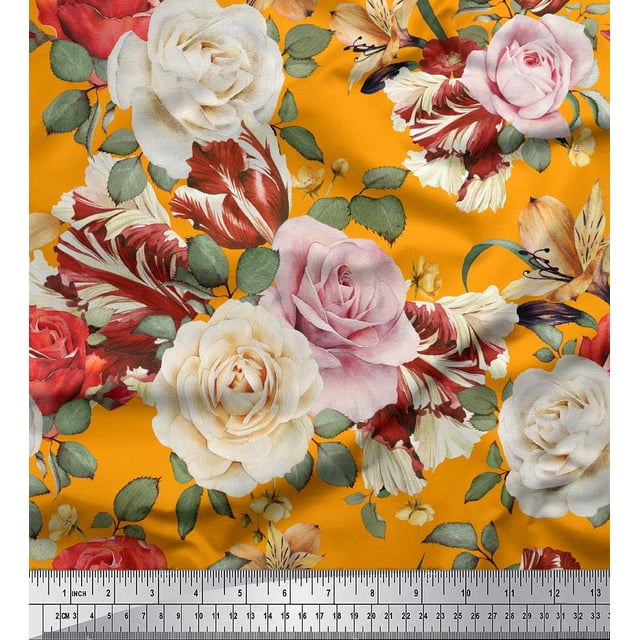 Soimoi Tissu Crêpe polyester Orange Imprimé Feuilles & Roses au Mètre 42 Pouces de Large