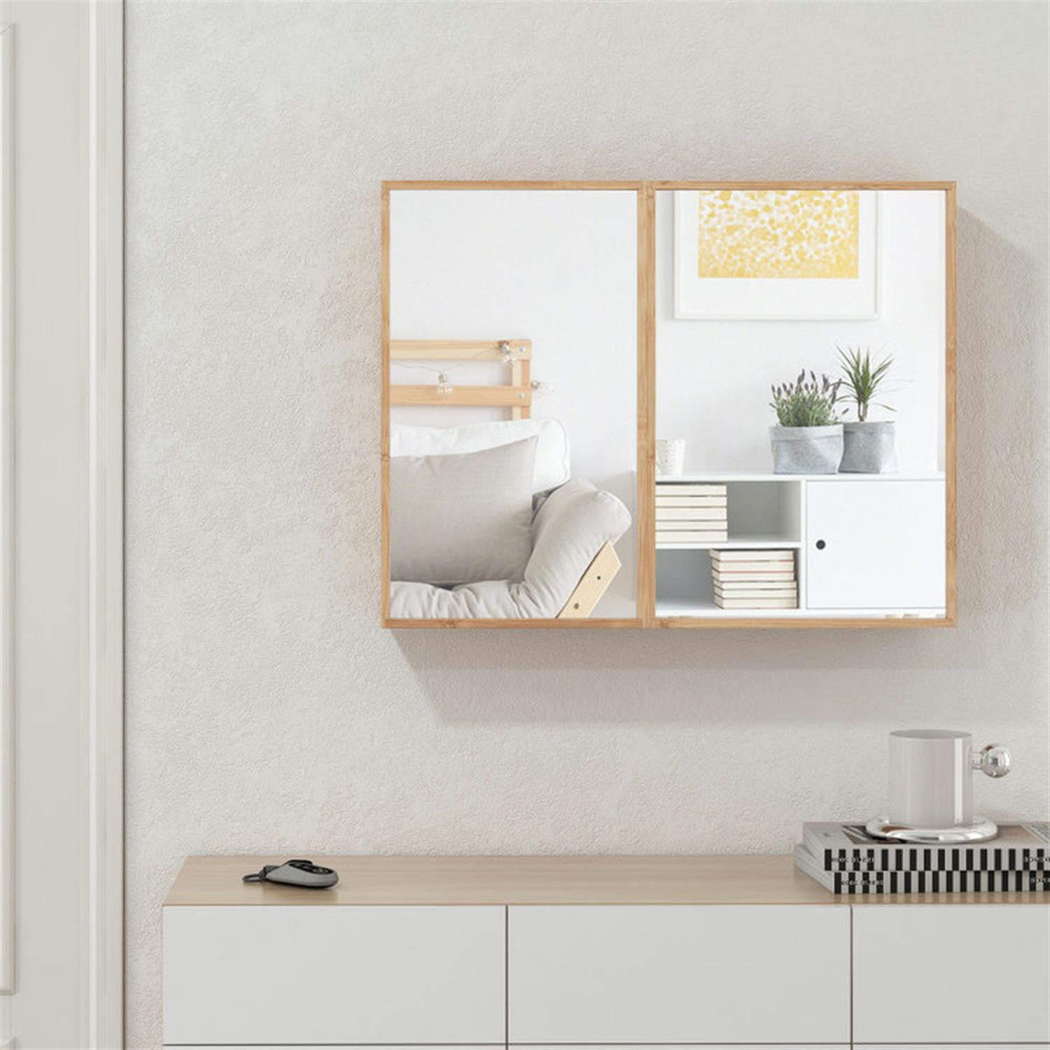 Demi Bonn Bamboo Bathroom Medicine Cabinet with Mirror, Wall Mounted Double Mirror Door Storage Cabinet with Adjustable Shelf for Bathroom Living Room Hallway, Beige